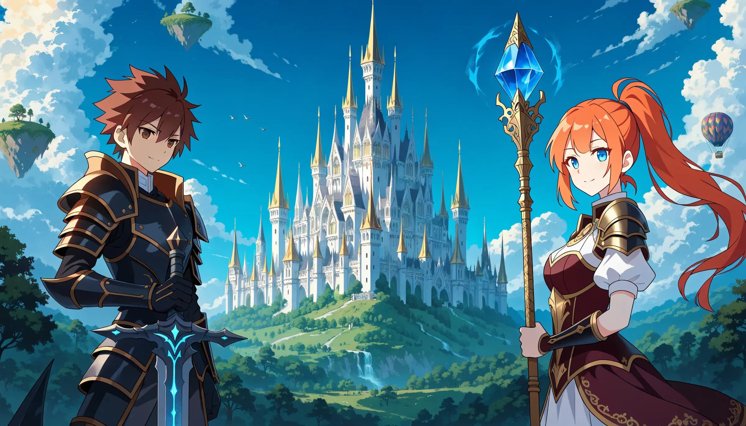 The warriors of Ascend Flyff standing before the castle city of Madrigal
